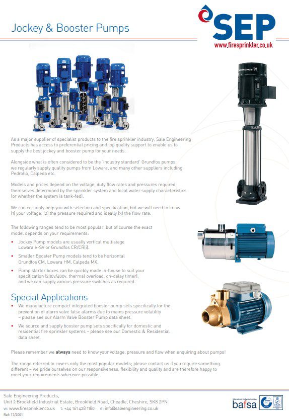 Jockey & Booster Pumps data sheet Sale Engineering Products Ltd