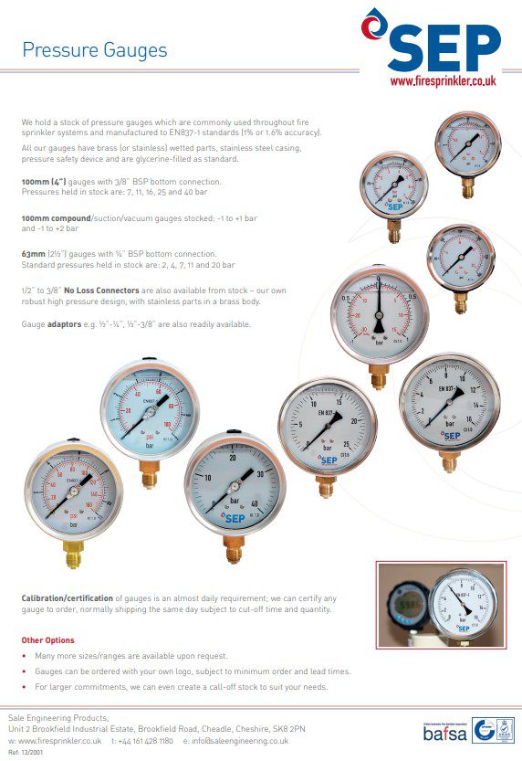 Pressure Gauges data sheet Sale Engineering Products Ltd