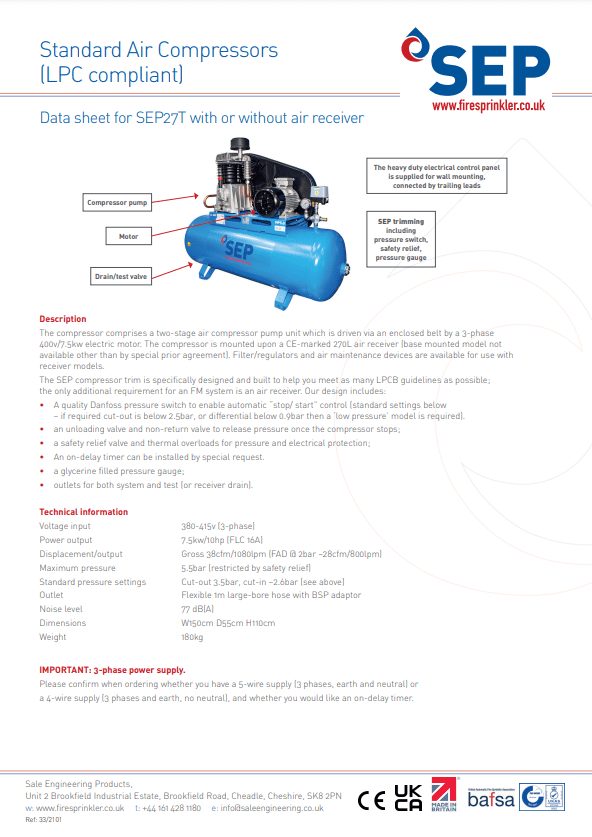 Standard LPC Air Compressor (SEP27T/LPC) Info Sheet Sale Engineering