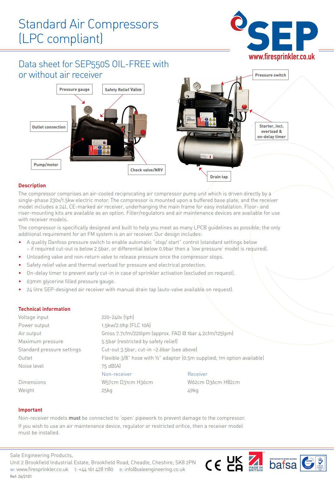 Standard Air Compressors (LPC compliant) SEP550S OILFREE with or