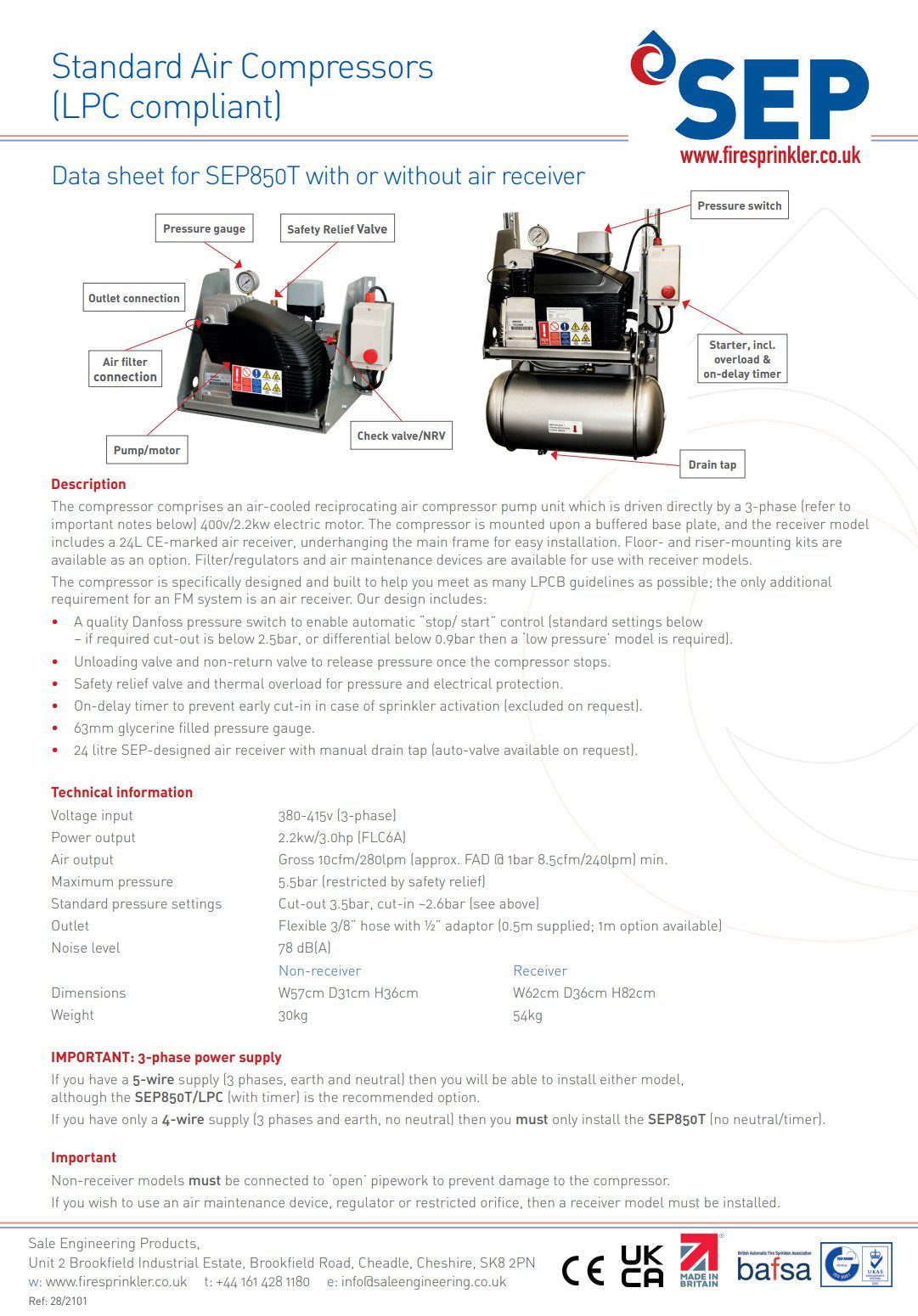 Standard Air Compressors (LPC compliant) SEP850T with or without AR