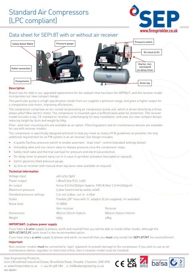 Standard Air Compressors (LPC compliant) SEP1.8T with or without air