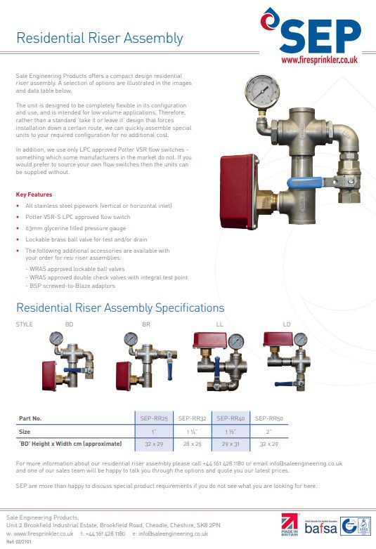 Residential Riser Assembly data sheet | Sale Engineering Products Ltd