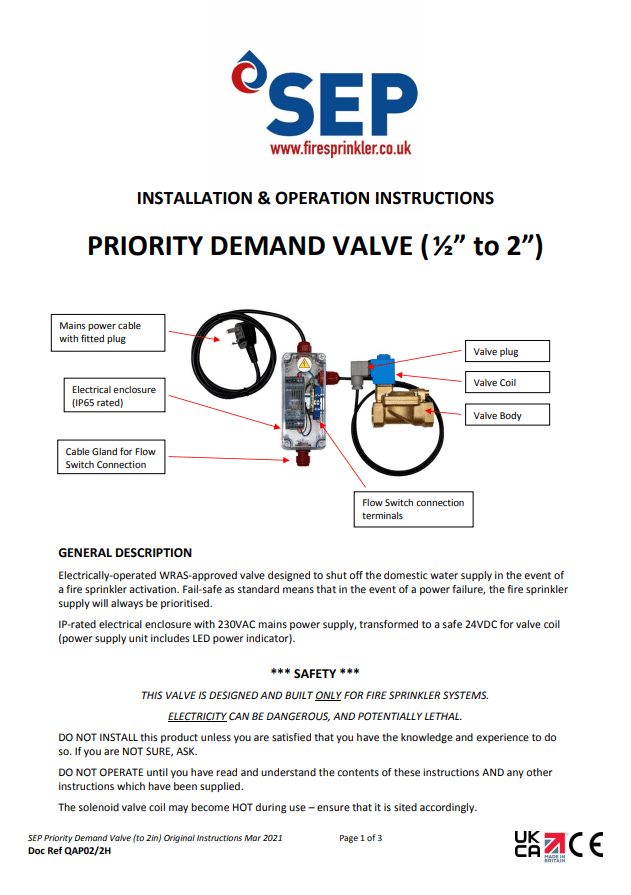 PRIORITY DEMAND VALVE (1⁄2” to 2”) Sale Engineering Products Ltd